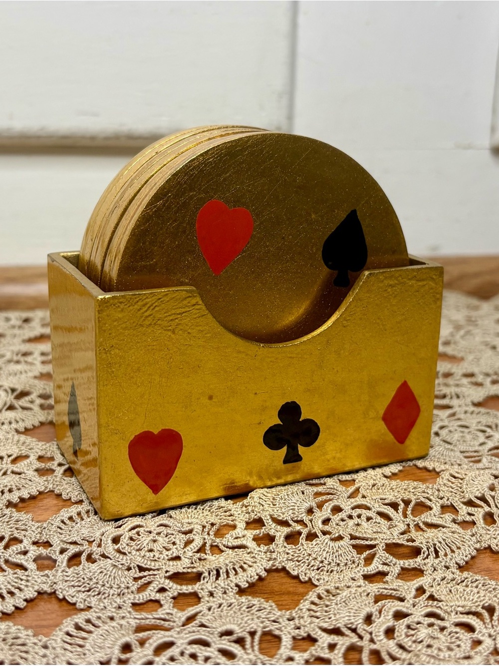 Vintage Card Suit Theme Diamonds Hearts Spades Gold Wooden Coasters with Holder